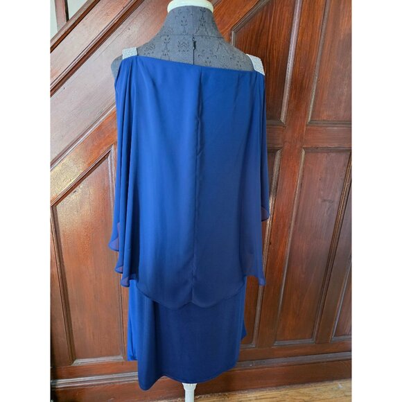 MSK Womens Chiffon Cold Shoulder Dress L Blue With Rhinestone Straps - Picture 4 of 10